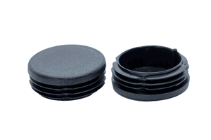 Two black plastic round tube inserts. Side by side, one is upside down.