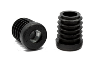 Two black plastic round tube inserts, with a metal threaded hole. One standing up and the other on its side showing the threaded hole.
