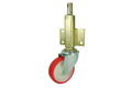 Castor with a red rubber tyre on white plastic wheel. With a Brass height adjustable bracket.