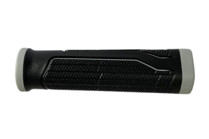 Side view of a black and grey injection moulded rubber grip with parallel lines running lengthways and a textured finish.