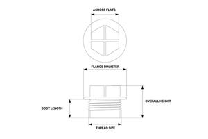 A Line drawing of a threaded plug. Showing wheat measurements each dimension refers to.
