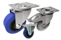 Three castors. Two with blue rubber tyres and one with a white plastic wheel. All with metal brackets.