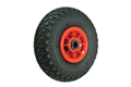 Wheel with a black rubber pneumatic tyre on a red plastic hub