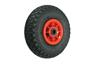 Wheel with a black rubber pneumatic tyre on a red plastic hub