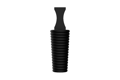 A side on view of a 3D modelled, black Silicone plugs with pull handle and a hollow, ribbed body.