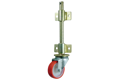 Castor with a red rubber tyre and a threaded screw height adjustable bracket.