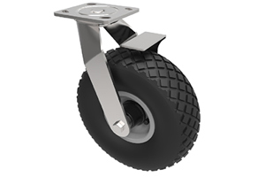 Castor with a black rubber puncture proof wheel with a metal swivel bracket and integrated brake.
