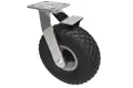 Castor with a black rubber puncture proof wheel with a metal swivel bracket and integrated brake.