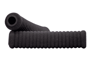 Side view of two stacked black textured foam moulded grip-handles with multiple curved grooves from one side to the other.