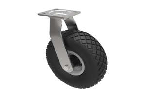 Castor with a black rubber puncture proof wheel with a metal swivel bracket