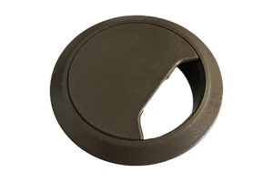 Brown plastic cable tidy to fit into hole in office desks.