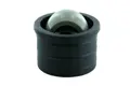 A black plastic, round tube insert. With an small, grey, internal castor wheel.