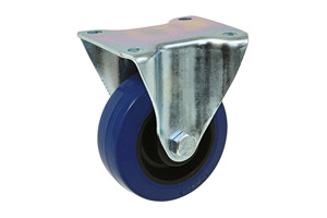 A fixed castor with a blue rubber tyre and a metal bracket.