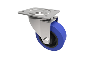 Angled view of a 3D modelled swivel castor with a blue rubber tyre and metal bracket.
