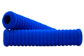 Side view of two stacked blue textured foam moulded grip-handles with multiple curved grooves from one side to the other.