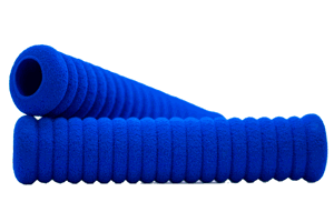 Side view of two stacked blue textured foam moulded grip-handles with multiple curved grooves from one side to the other.