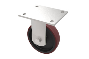 Angled view of a 3D modelled castor. Brown rubber tyre on black wheel centre with a metal bracket.