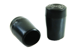 Angled view of two black LDPE heavy duty injection moulded chair feet with slightly flared bases.