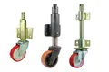 Three castors with rubber tyres. All with height adjustable metal brackets.