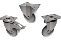 Three 3D modelled castors white white plastic wheels and metal brackets. Fixed, Swivel, and Swivel and Brake.