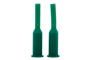 Two green silicone plugs. With a tapered step in the middle and a small flange at the larger end.