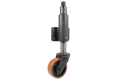A heavy duty castor with orange polyurethane tyre. With a black metal height adjustable bracket.