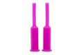Two pink silicone plugs. With a tapered step in the middle and a small flange at the larger end.