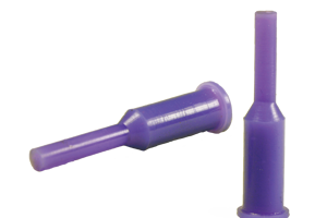 Two purple silicone plugs. With a tapered step in the middle and a small flange at the larger end.