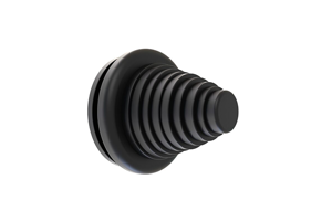 Tapered rubber plug with ridges and opening used as cable grommet.
