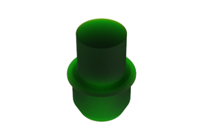 An angled view of a 3D modelled Silicone Plug in Green. One end is slightly tapered and the other end is a round pull tab.