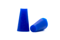 Two blue Silicone Tapered plugs. One standing and one on its side.