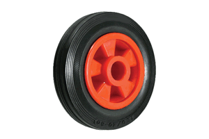 Wheel with a black rubber tyre and red plastic hub.