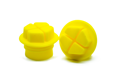 Two yellow plastic Metric Threaded plugs with a hex shaped head and recessed cross.