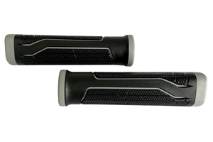 Side-by-side view of two black and grey injection moulded rubber grips with parallel lines running length ways.