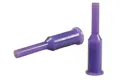 Two purple silicone plugs. With a tapered step in the middle and a small flange at the larger end.