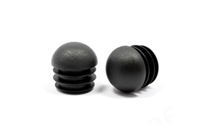 Side view of two round black injection moulded plastic tube inserts with domed bases.