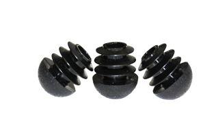 Three black plastic round tube inserts with domed tops. Standing up at different angles.