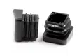 Side view of two square black LDPE tube inserts with angled bases.