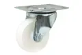 A swivel castor with a white plastic wheel and metal bracket.