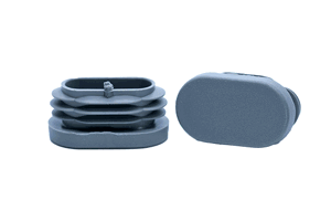 Two grey plastic oval tube inserts. One standing up, the other on its side.