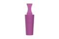 A side on view of a 3D modelled, pink Silicone plug with pull handle and a hollow, ribbed body.