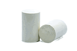 Side view of two white rubber straight-sided feet with a flat base.