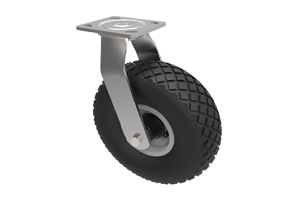 Castor with a black rubber pneumatic wheel with a metal swivel bracket