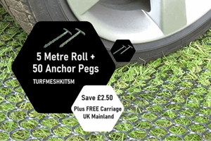 Grass growing through a plastic mesh with a car tyre on top. Product details in black and white hexagons.