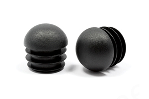 Two black plastic round tube inserts with a domed top. One standing up and one on its side.