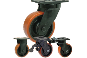 Four castors with Orange Polyurethane tyres on cast iron centres with black metal brackets.