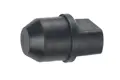 A black rubber plug with a small taper on one end and a small flange and pull tab on the other.