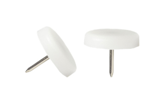 Two nail in feet. White plastic base with metal nail.