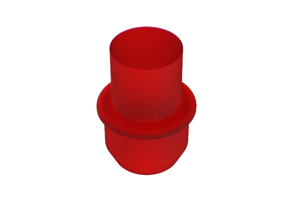 An angled view of a 3D modelled Silicone Plug in Red. One end is slightly tapered and the other end is a round pull tab.