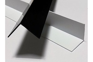 Two extruded right angle plastic profile. Laying across each other in a cross. One in black and one in white.